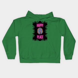 Happy Place. A beautiful design with the slogan written in neon pink on the shadow of trees. Kids Hoodie